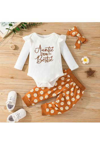 3pcs Baby Girl 95% Cotton Rib Knit Letter Embroidered Ruffle Long-sleeve Romper and Allover Daisy Floral Print Pants with Headband Set