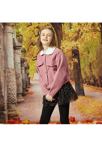 Kid Girl Fuzzy Lapel Collar Button Design Textured Jacket Coat