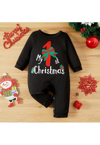 Baby Girl/Boy Christmas Cane and Letter Print Long-sleeve Jumpsuit