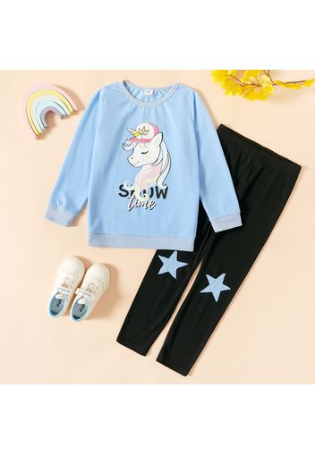 2-piece Kid Girl Unicorn Letter Print Long-sleeve Tee and Star Print Leggings Set