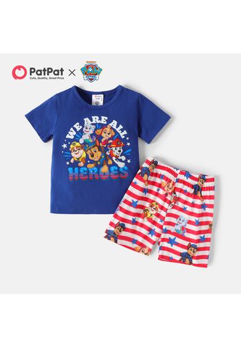 PAW Patrol 2pcs Toddler Boy Letter Print Blue Short-sleeve Cotton Tee and Stripe Shorts Set