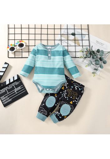 Baby 2pcs Cotton Stripe Long-sleeve Romper and Graphic Print Trouser Set