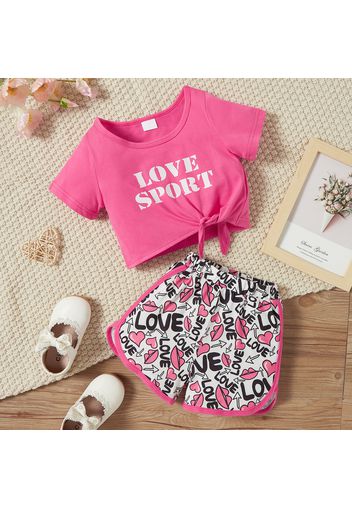 2pcs Baby Girl Letter Print Self-tie Short-sleeve Crop Top and All Over Print Shorts Set