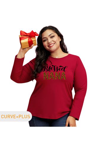 Women Plus Size Graphic Letter and Leopard Print Round Neck Long-sleeve Tee