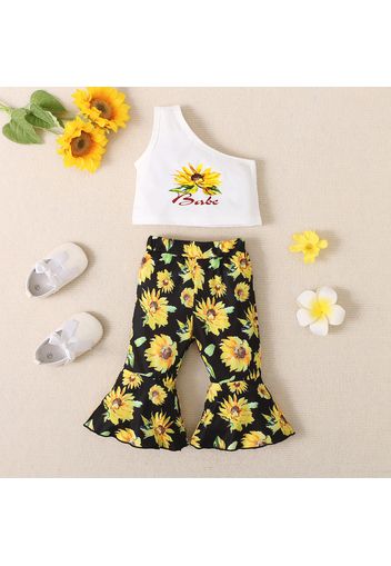 2pcs Baby Girl Sunflower Print One Shoulder Sleeveless Tank Top and Flared Pants Set