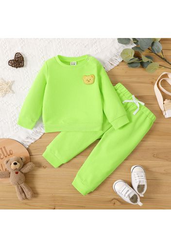 2pcs Baby Boy Cartoon Bear Detail Solid Textured Long-sleeve Pullover Sweatshirt and Sweatpants Set