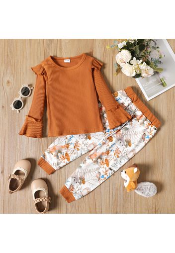 2-piece Toddler Girl Ruffled Long Bell sleeves Brown Ribbed Top and Animal Floral Print Elasticized Pants Set