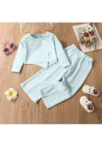 2pcs Toddler Girl Solid Color Slit Irregular Long-sleeve Waffle Tee and Flared Pants Set