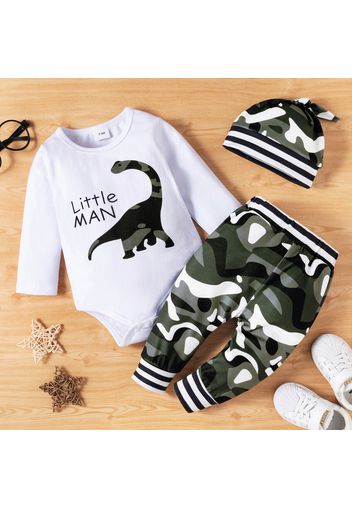 3pcs Baby Boy Letter and Camouflage Dinosaur Print Long-sleeve Romper with Trousers Set