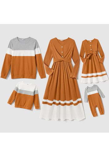 Family Matching Long-sleeve V Neck Button Front Colorblock Rib Knit Midi Dresses and Tops Sets