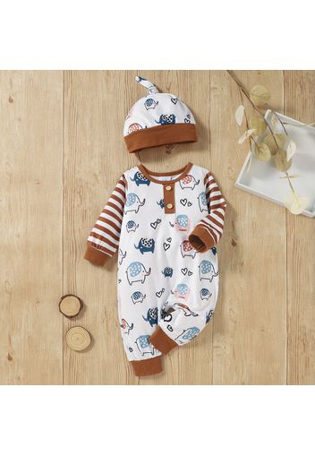 Baby Cartoon Elephant and Stripe Print Long-sleeve Jumpsuit Romper Set