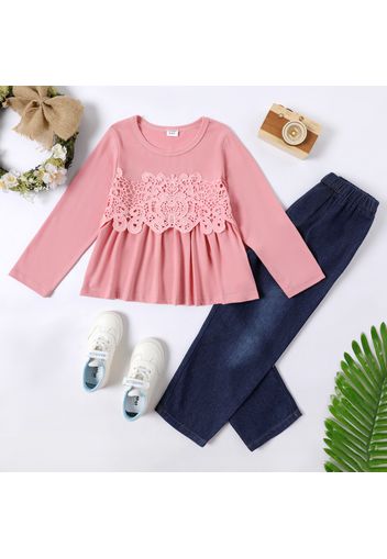 2-piece Kid Girl Floral Lace Design Long-sleeve Top and Denim Jeans Set