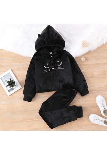 2-piece Kid Girl Cat Embroidered Button Design Fuzzy Hooded Sweatshirt and Solid Pants Set