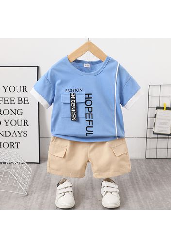 2pcs Toddler Boy Trendy Letter Print Pocket Design Tee and Shorts Set