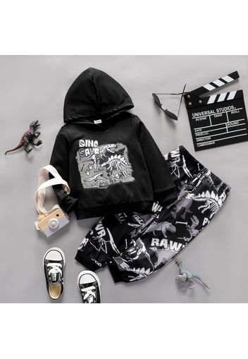 2-piece Toddler Boy Letter Animal Dinosaur Print Black Hoodie Sweatshirt and Elasticized Pants Set