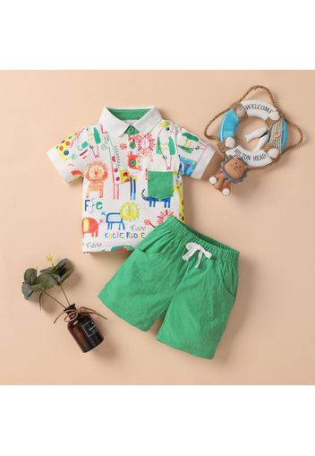 2pcs Baby Boy/Girl Cartoon Animal Print Short-sleeve Polo Shirt and Solid Shorts Set