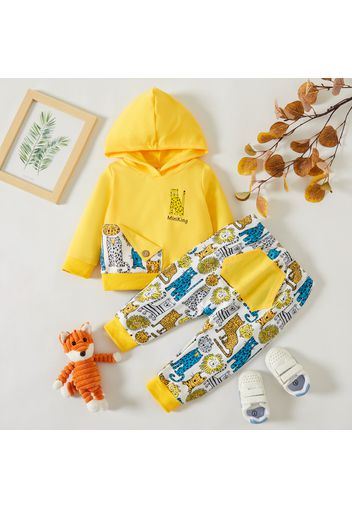 2pcs Baby Boy All Over Cartoon Animal Print Yellow Long-sleeve Hoodie and Trousers Set