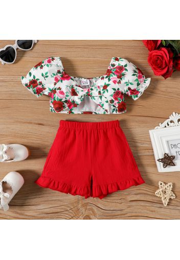 2pcs Baby Girl 100% Cotton Ruffle Trim Shorts and Floral Print Puff-sleeve Crop Top Set