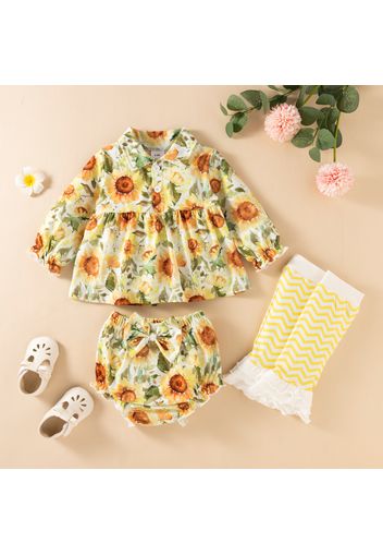 3pcs Baby All Over Floral Print Lapel Long-sleeve Top and Shorts Set