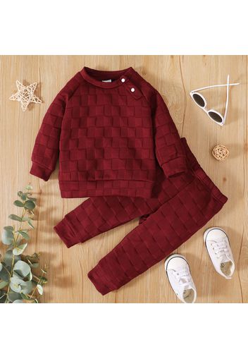 2pcs Baby Solid Textured Cotton Long-sleeve Top and Trousers Set