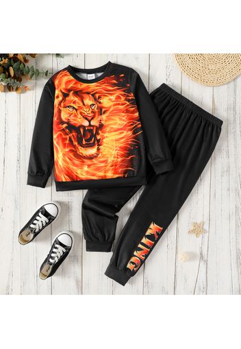 2pcs Kid Boy Animal Lion Flame Print Pullover Sweatshirt and Letter Print Pants Set