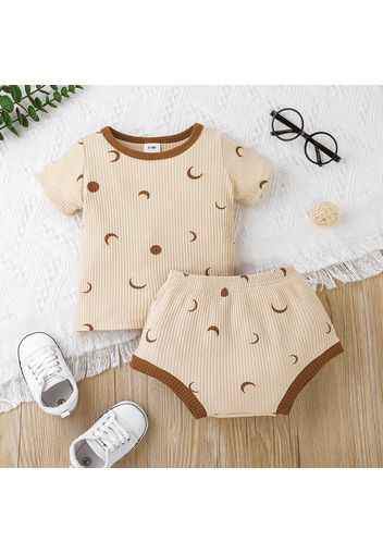 2pcs Baby Boy/Girl Sun/Moon/Stars Print Ribbed Short-sleeve Top and Shorts Set