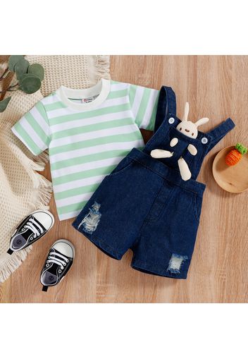 2pcs Baby Girl 3D Stuffed Animal Design Ripped Denim Overalls Shorts and Striped Short-sleeve Tee Set