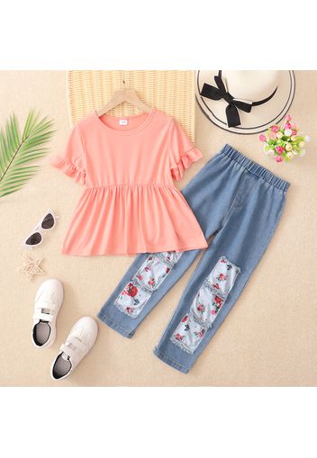 2-piece Kid Girl Ruffled Short-sleeve Pink Peplum Tee and Floral Print Patch Ripped Denim Jeans Set