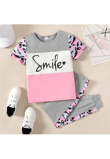 2pcs Kid Girl Letter Leopard Print Colorblock Short-sleeve Tee and Pants Set