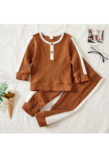 Ribbed 2pcs Solid Splice Long-sleeve Baby Set