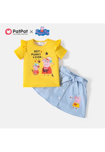 Pappa Pig 2pcs Toddler Girl Letter Print Ruffled Short-sleeve Tee and Button Design Belted Skirt Set