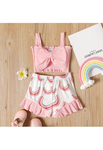 2-piece Toddler Girl Bowknot Design Pink Ribbed Camisole and Ruffled Rainbow Print Shorts Set