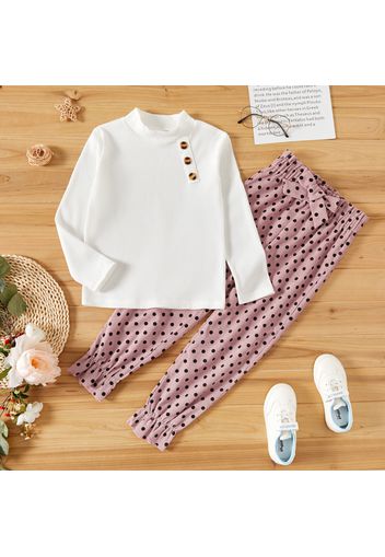 2-piece Kid Girl Mock Neck Button Design Long-sleeve White Top and Polka dots Bowknot Design Pants Set