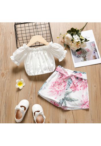 2-piece Toddler Girl Ruffled Off Shoulder Short-sleeve Tee and Belted Floral Print Shorts Set