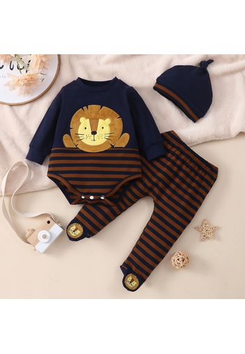 3pcs Baby Boy/Girl Cartoon Lion Pattern Long-sleeve Striped Romper and Footed Pants Set