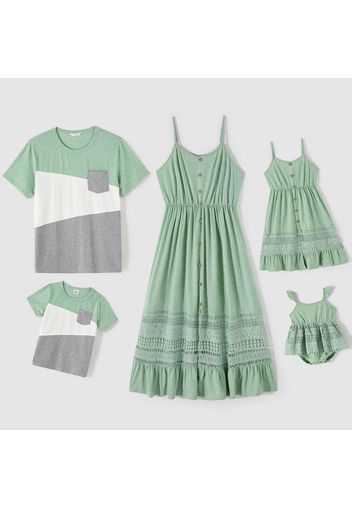 Family Matching Button Front Green Lace Spliced Cami Dresses and Colorblock Short-sleeve T-shirts Sets