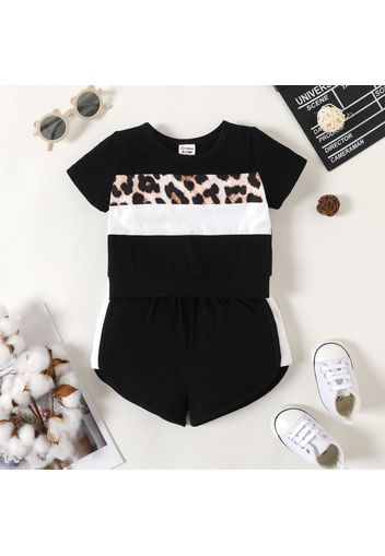 2pcs Baby Girl 95% Cotton Short-sleeve Leopard Colorblock T-shirt and Shorts Set