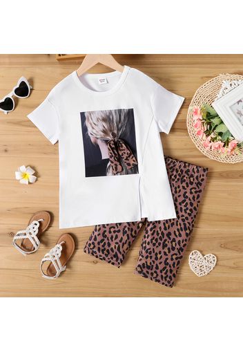 2pcs Kid Girl Figure Print Bowknot Design Slit Short-sleeve Tee and Leopard Print Shorts Set