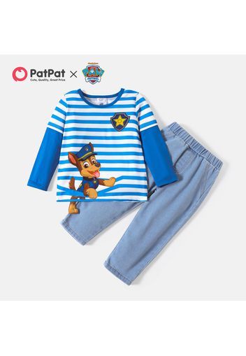 PAW Patrol 2pcs Toddler Boy Patch Embroidered Striped Long-sleeve Tee and Denim Jeans Set