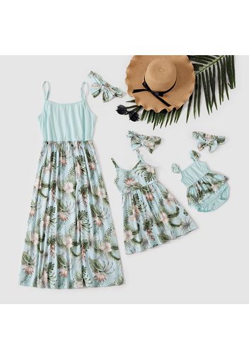 Floral and Leaf Print Matching Sling Dresses