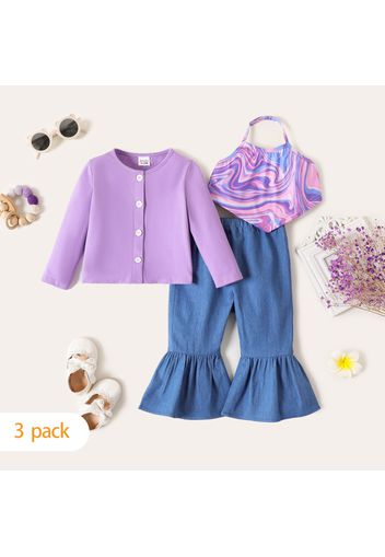 3-Pack Baby Girl 100% Cotton Long-sleeve Cardigan and Colorful Halter Top with Flared Pants Set