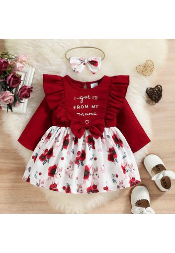 2pcs Baby Girl Long-sleeve Ruffle Bowknot Decor Letter & Floral Print Spliced Dress with Headband Set