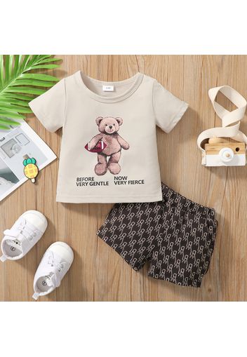 2pcs Baby Boy Cartoon Bear Print Short-sleeve Tee and Allover Print Shorts Set