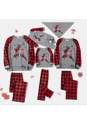 Christmas Deer and Red Plaid Print Raglan Long-sleeve Family Matching Pajamas Set (Flame Resistant)