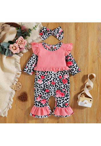 2pcs Baby Girl Floral Print Leopard Long-sleeve Faux-two Splicing Pink Lace Ruffle Bell Bottom Jumpsuit with Headband Set