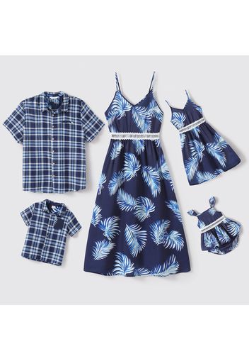 Mosaic Plaid or Leaf Print Family Matching Blue Sets