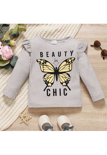 Toddler Girl Letter Butterfly Print Ruffled Long-sleeve Ribbed Tee