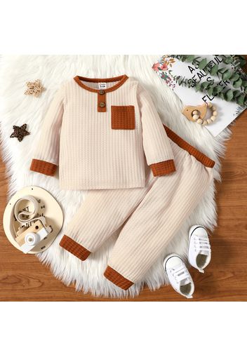 2pcs Baby Boy Color Block Waffle Loungewear Top and Trousers Set