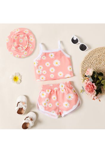 3pcs Baby Girl Allover Daisy Floral Print Pink Cami Top and Shorts with Hat Set