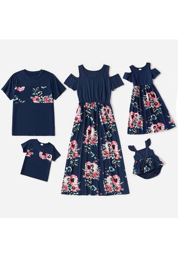 Floral Print Family Matching Sets(Cold Shoulder Dresses and Short-sleeve T-shirts)